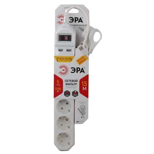 USF-5es-1.5m-USB-W Сетевой фильтр ЭРА (белый) с заземл, 3x0,75мм2, с выкл, 5гн+2USB, 1.5м - купить в Твери